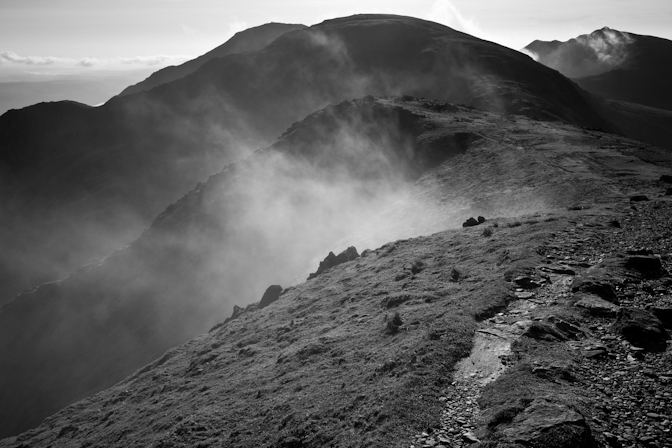 Low mist near Levers Hause and the path to the Old Man of Conist
