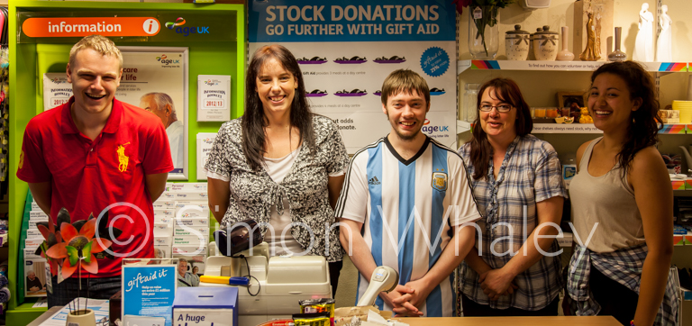 Luke, Sharon, Daniel, Gabrielle and Louise of the Age UK store in Newport, Shropshire